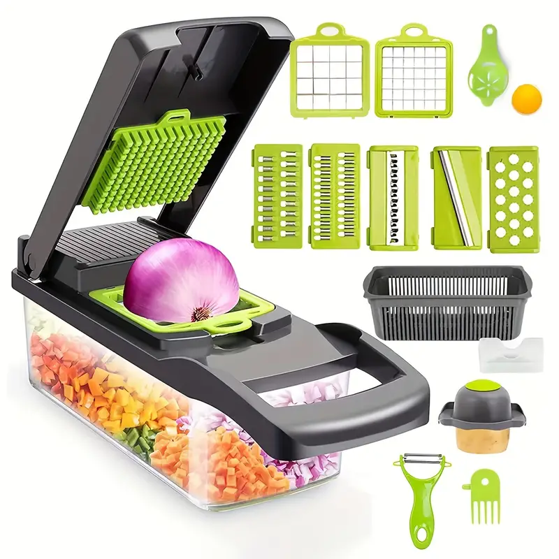 16 in 1 Vegetable Chopper - Multifunctional Manual Food Slicer Dicer, Kitchen Cutter with Container, Mandoline for Onion, Carrot, Garlic - Uncharged Plastic Kitchen Gadget Set with Drain Basket